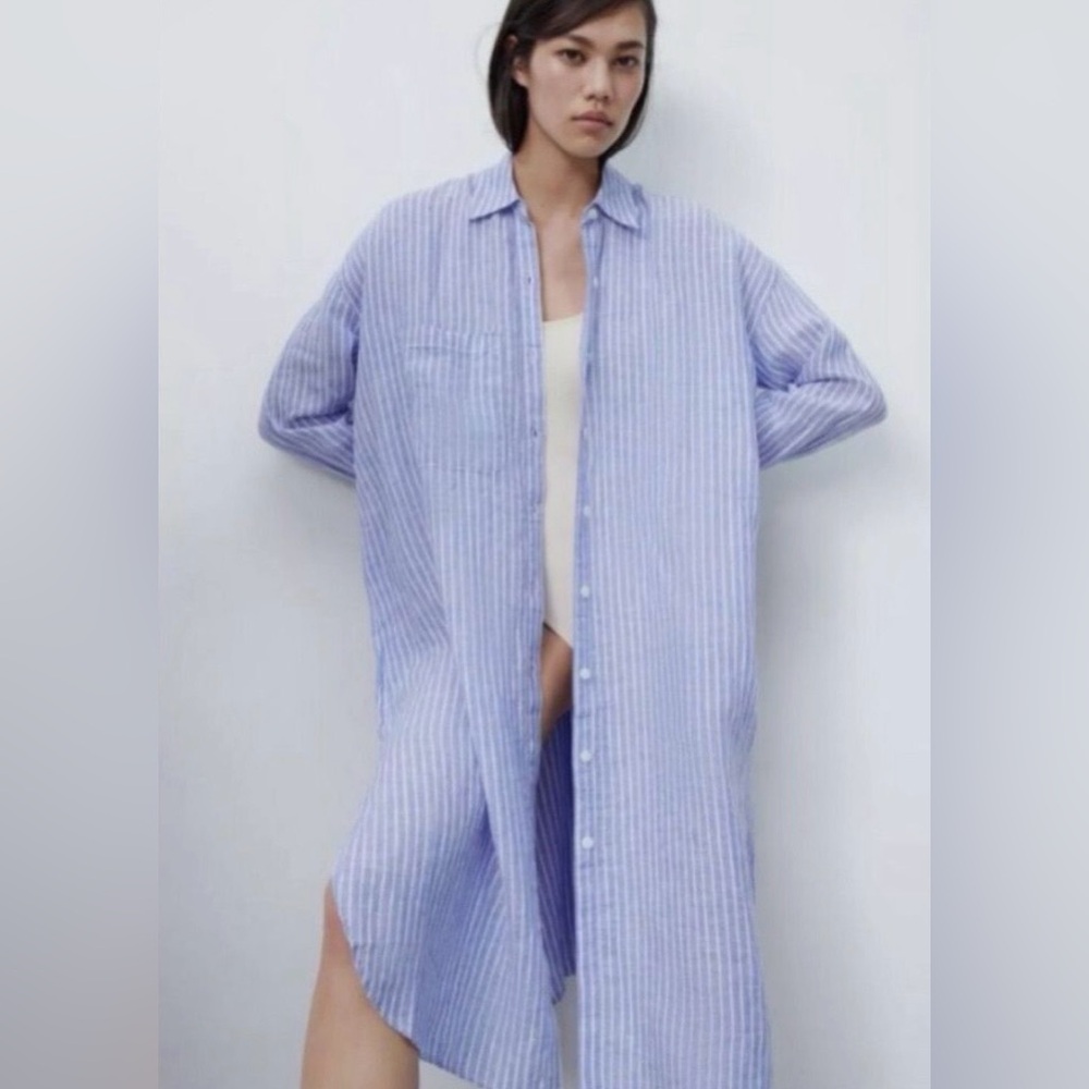 Zara Linen Blue & Ehite White Striped Linen Midi Dress. Size Large.  EUC!